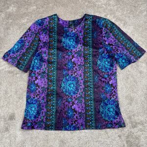 Abstract Short Sleeve Blouse Size XL Purple Green Slinky Floral Moody Office